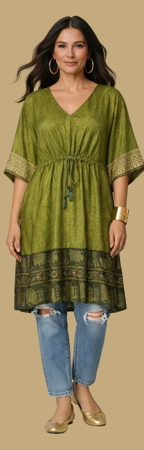Silk Drawstring Caftan - Olive Green