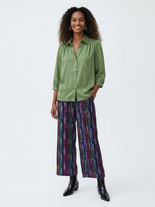 Sateen Wide Leg Cropped Pant - Watercolor Stripe