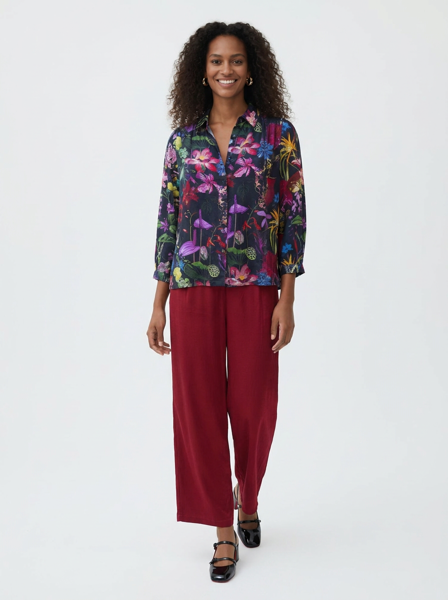 Festiva Shirred Blouse - Midnight Tropicalia print