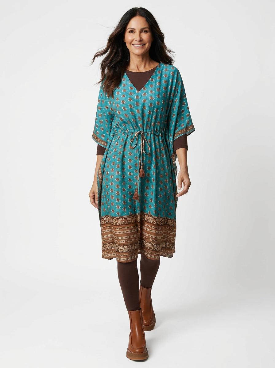 Silk Drawstring Caftan - Teal Choco