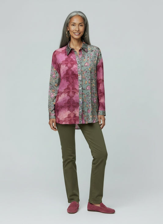 Silk Vintage Saree Big shirt- Olive & Raspberry