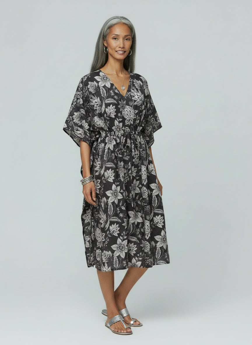 Drawstring Cotton Caftan - Black & White India Floral