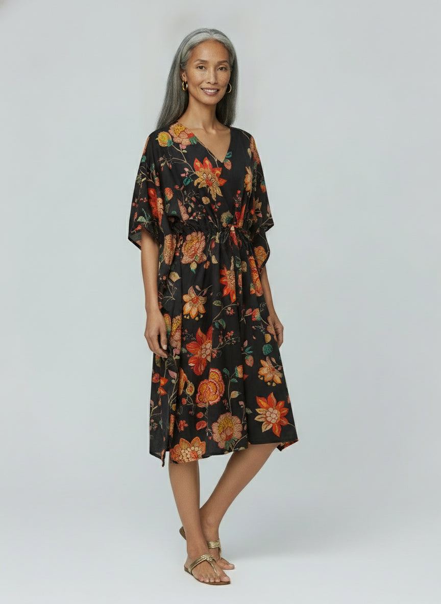 Drawstring Caftan - Dark India Floral - Black Multi