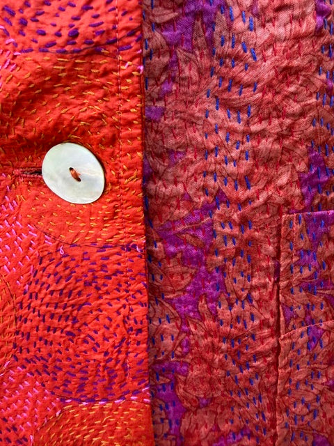 Silk Kantha 2 Pocket Vest - Orange Violet