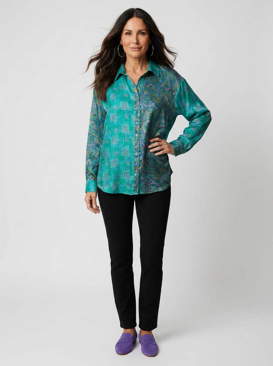Silk Vintage Saree Big shirt- Teal & Violet