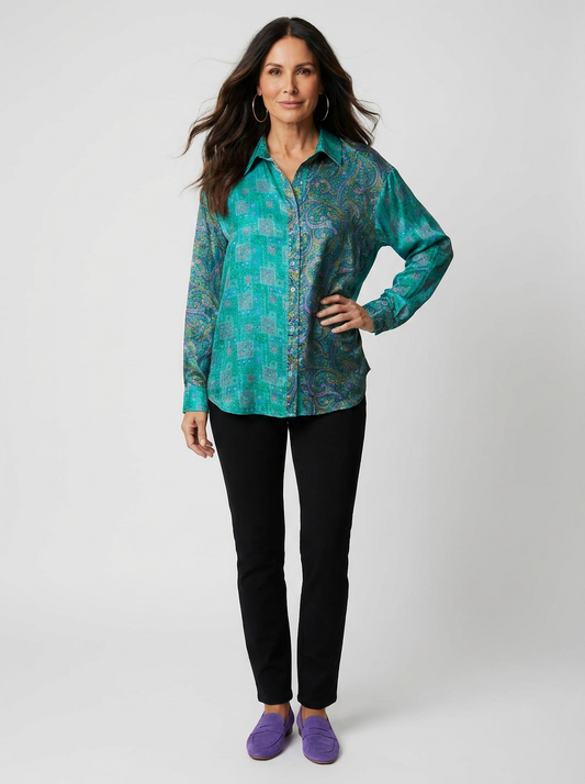 Silk Vintage Saree Big shirt- Teal & Violet
