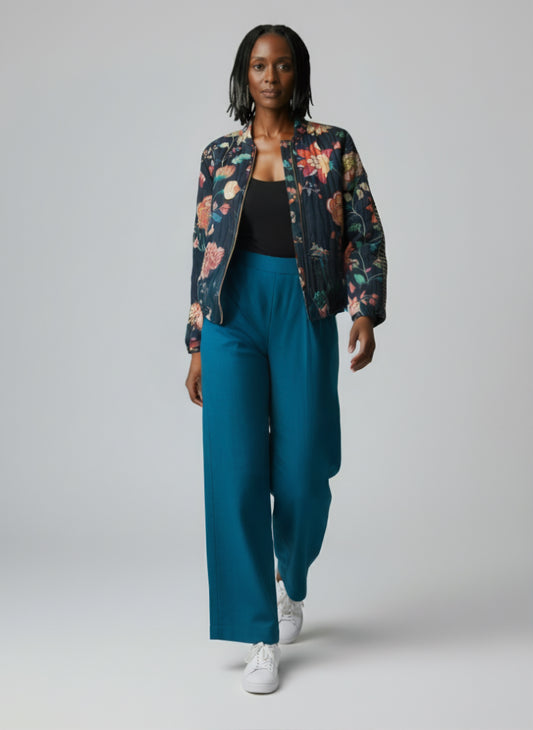 Cropped Wide Leg Elastic Back Pant - Teal Blue