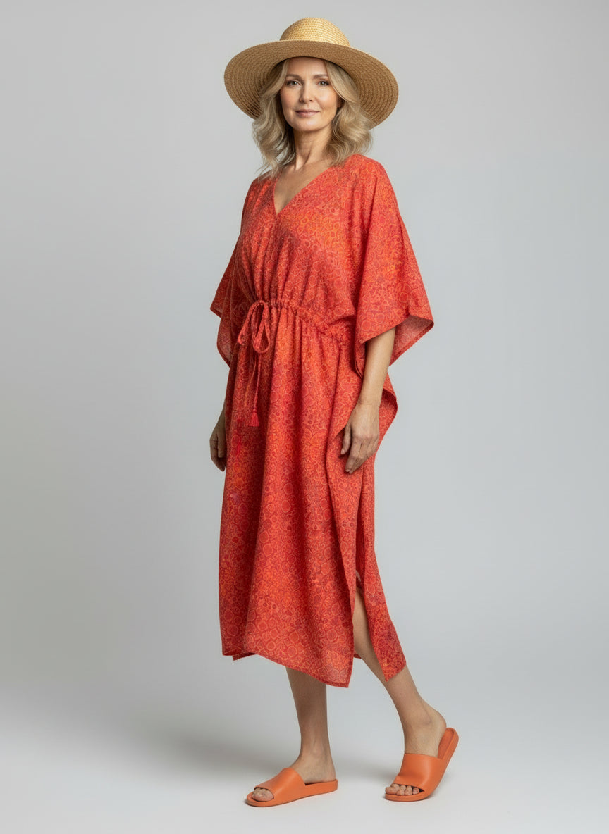 Drawstring Cotton Caftan- Pink & Orange Tile