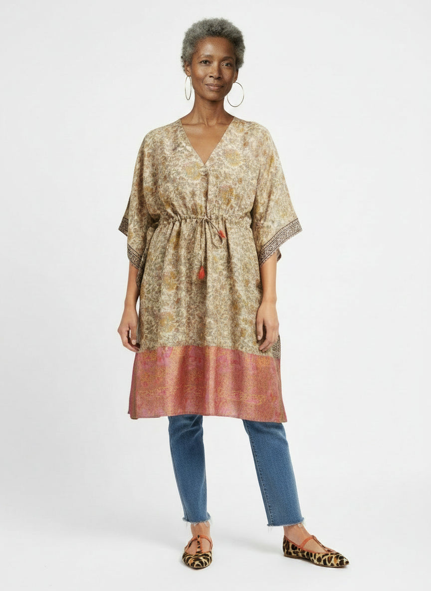 Silk Drawstring Caftan - Oat, Blush, Mustard
