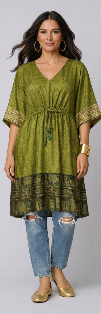 Silk Drawstring Caftan - Olive Green