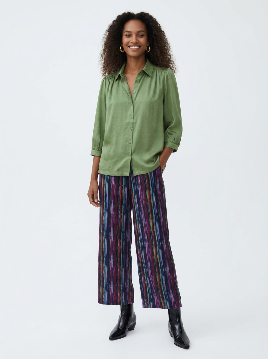 Sateen Wide Leg Cropped Pant - Watercolor Stripe