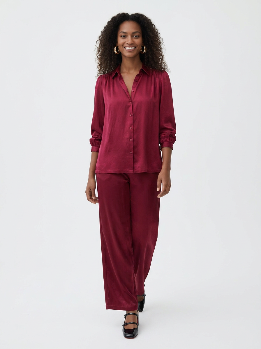 Sateen Wide Leg Cropped Pant - Merlot
