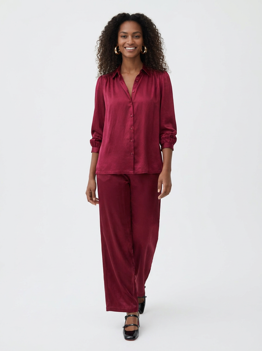 Sateen Wide Leg Cropped Pant - Merlot