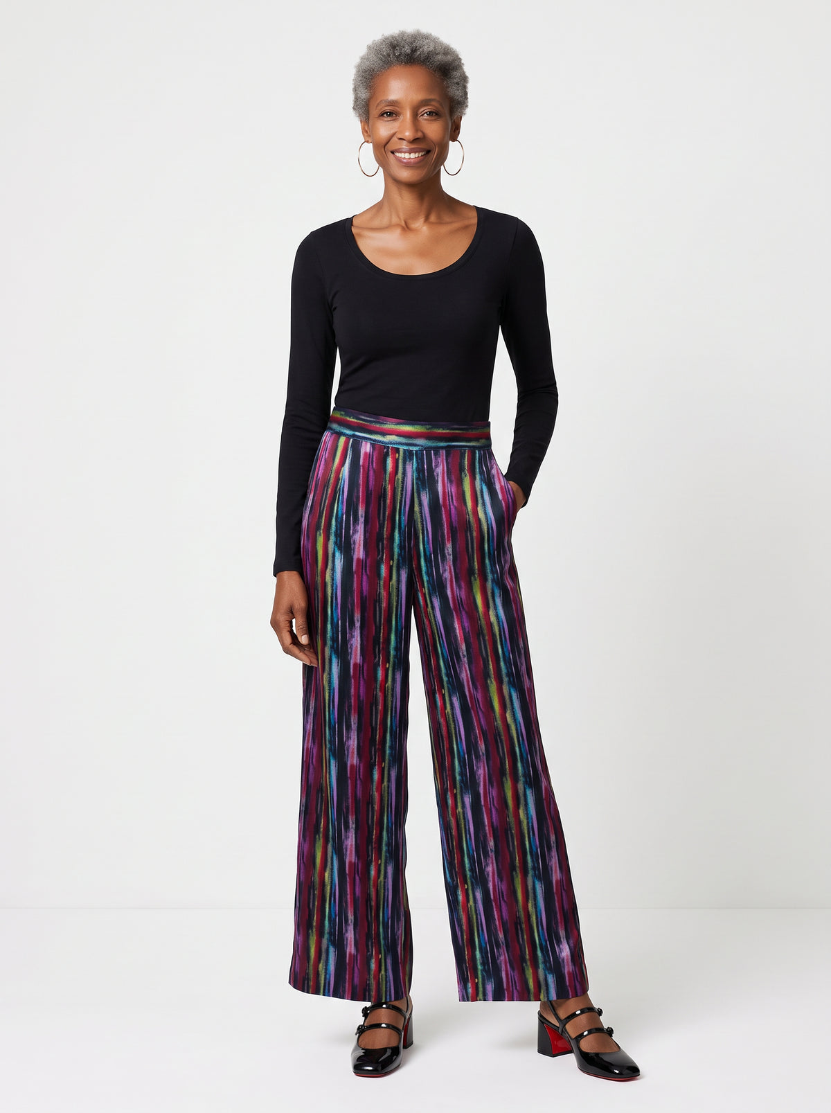 Sateen Wide Leg Cropped Pant - Watercolor Stripe