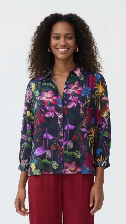 Festiva Shirred Blouse - Midnight Tropicalia print