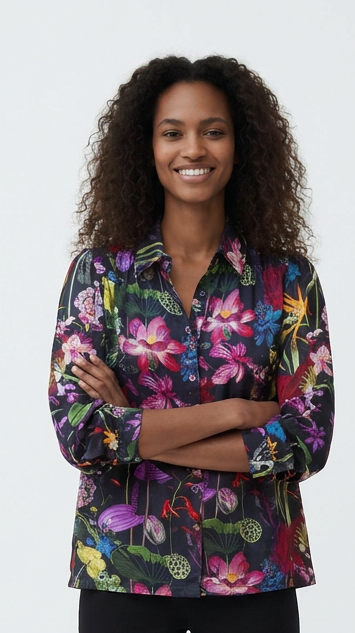 Festiva Shirred Blouse - Midnight Tropicalia print