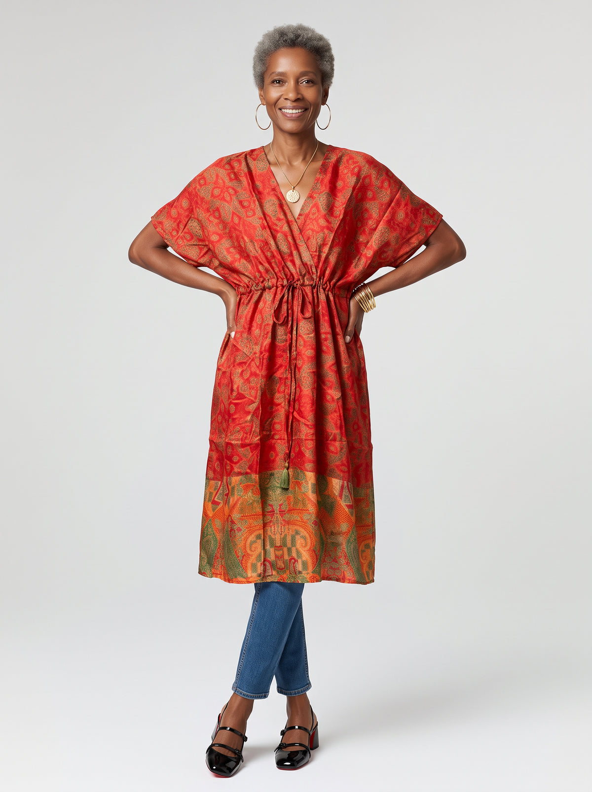 Silk Drawstring Caftan - Persimmon Olive