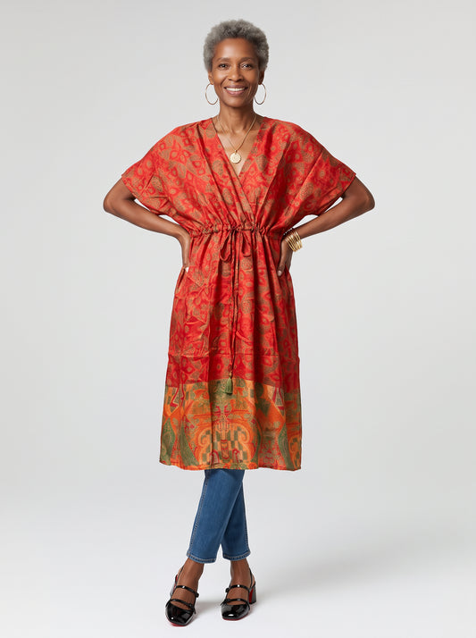 Silk Drawstring Caftan - Persimmon Olive