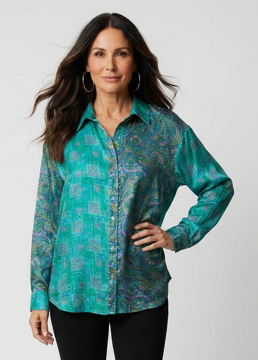 Silk Vintage Saree Big shirt- Teal & Violet