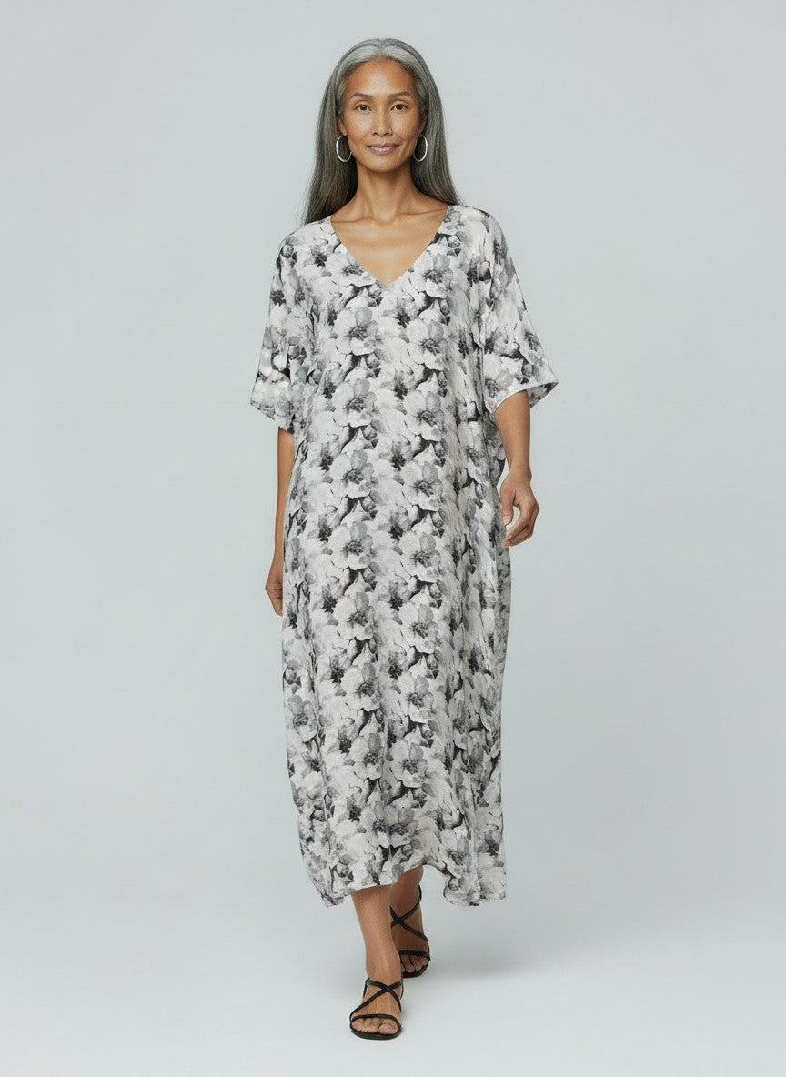 Modal V-neck  Caftan- Black & White Poppy