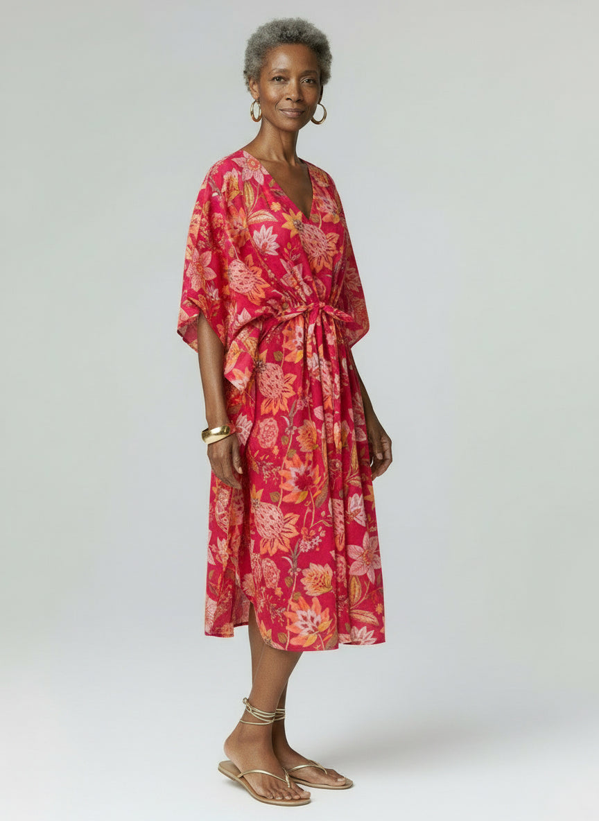 Drawstring Cotton Caftan- Raspberry India Floral