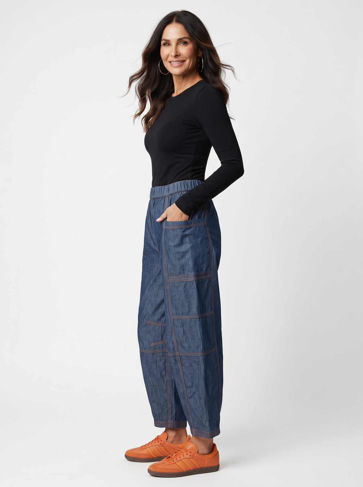 Light Weight Denim Barrel Pants - dark wash