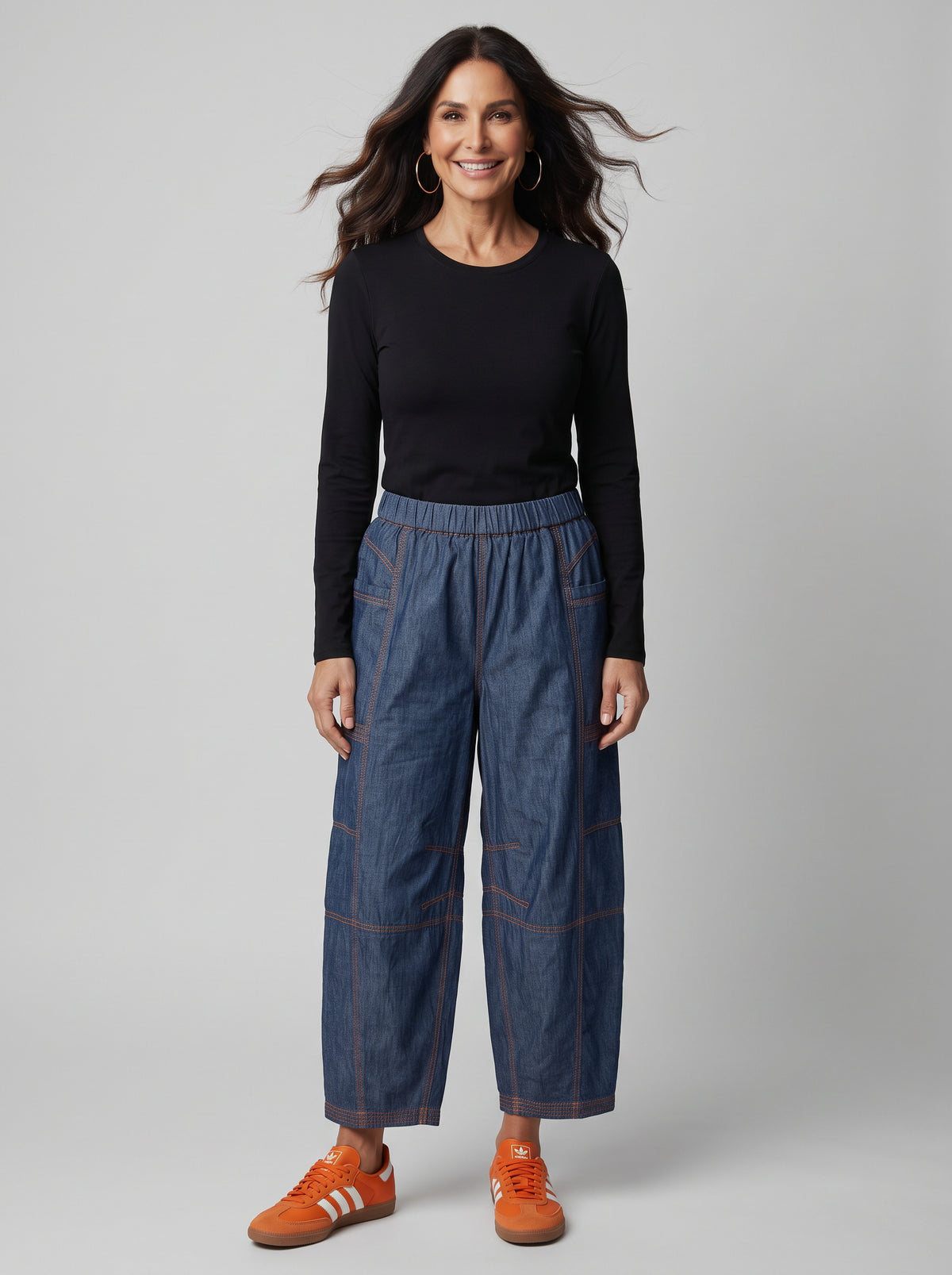 Light Weight Denim Barrel Pants - dark wash
