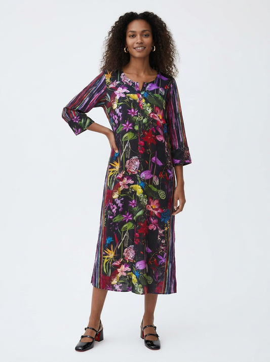 Sateen Midi Shift Dress - Midnight Tropicalia
