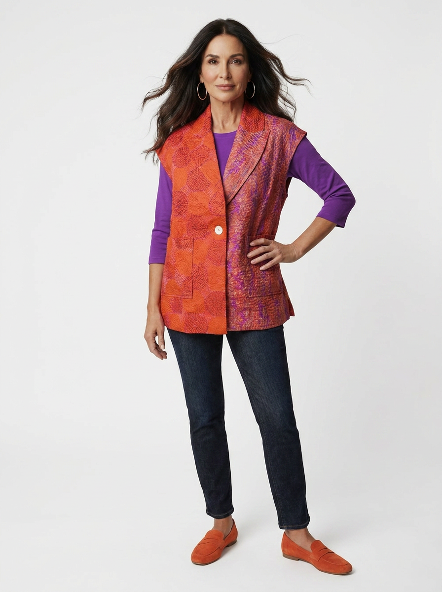 Silk Kantha 2 Pocket Vest - Orange Violet