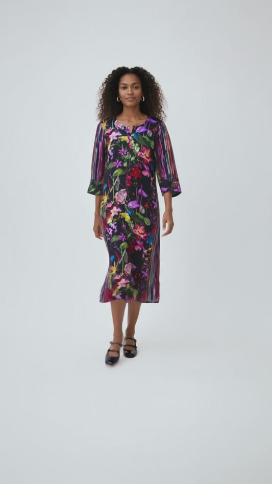 Sateen Midi Shift Dress - Midnight Tropicalia