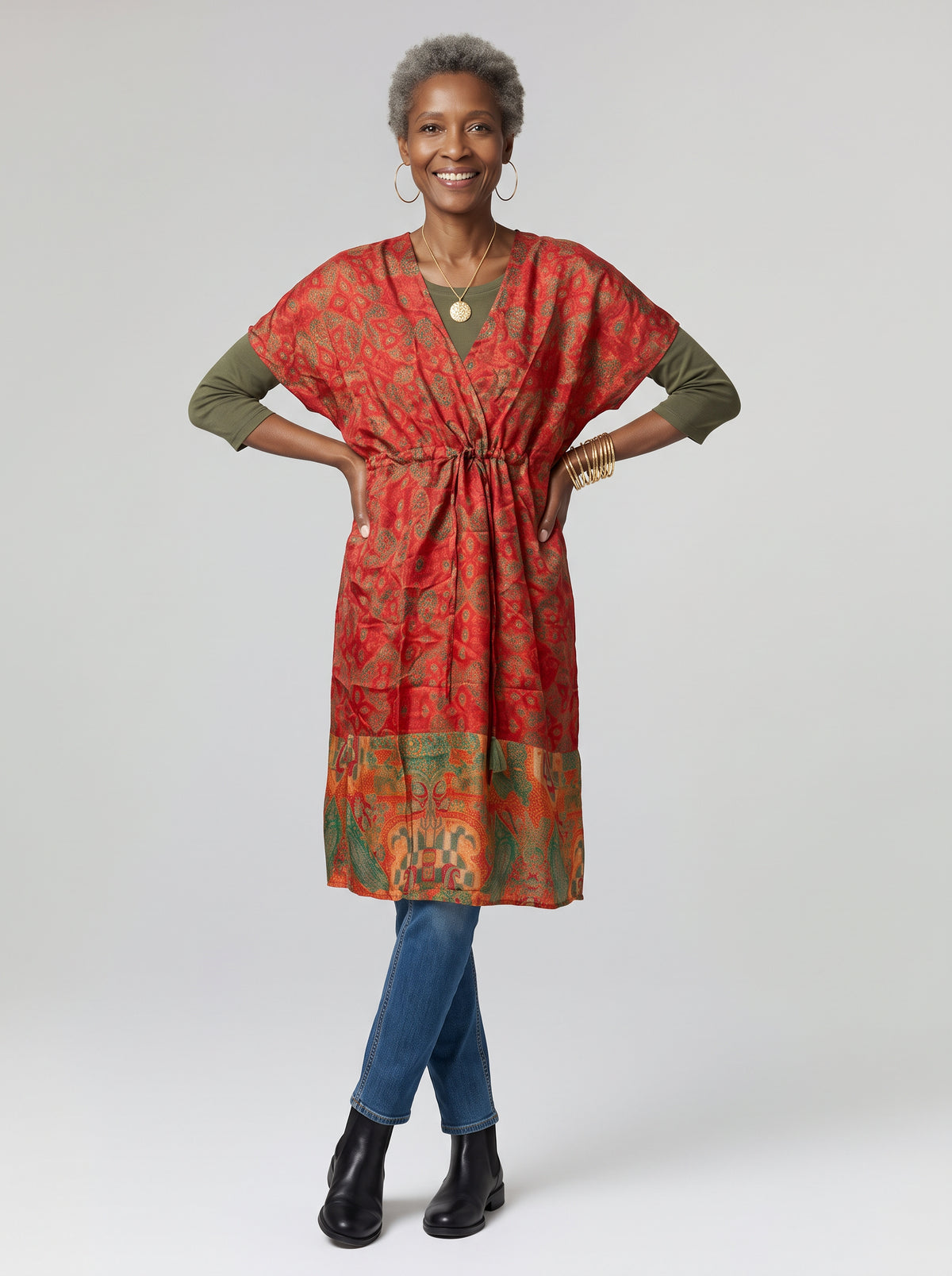 Silk Drawstring Caftan - Persimmon Olive