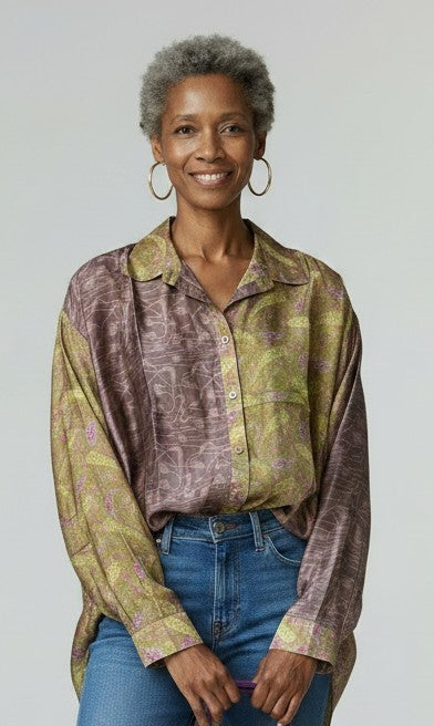 Silk Vintage Saree Big shirt- Lime/ Violet