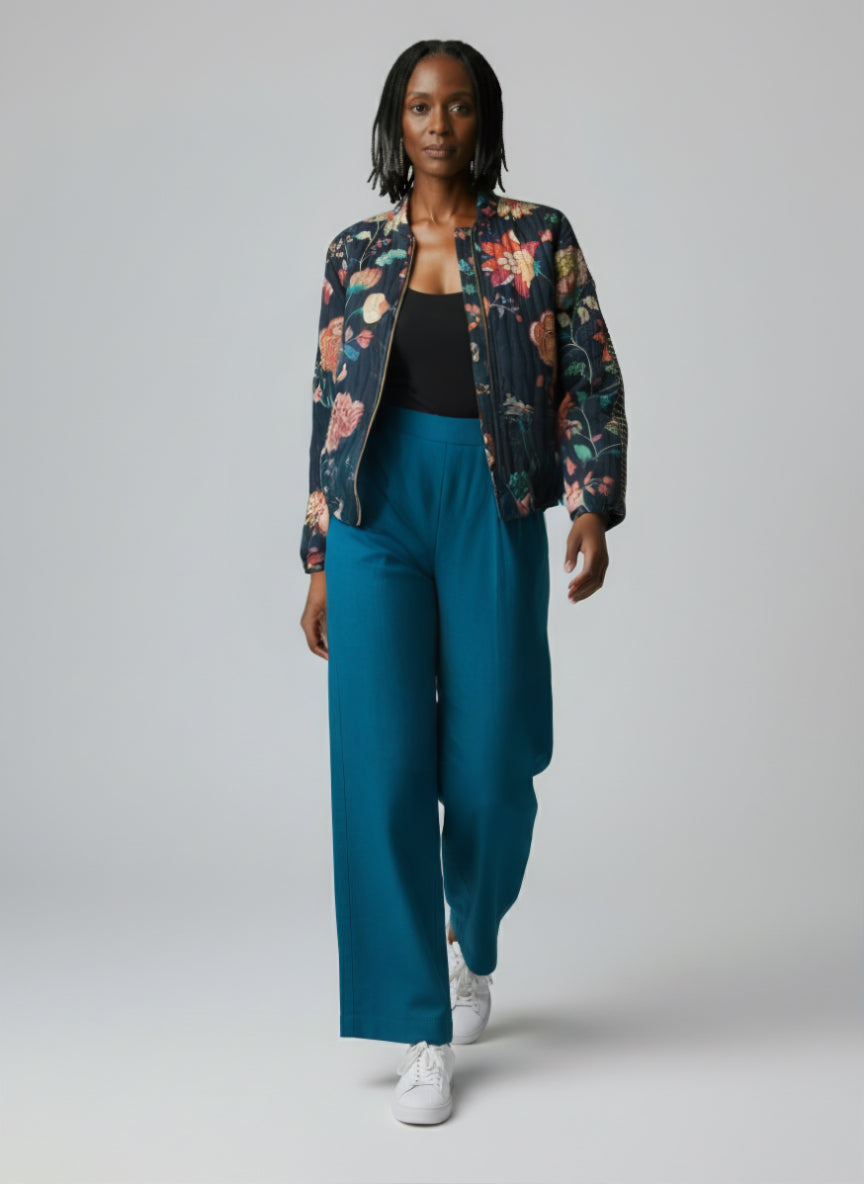 Cropped Wide Leg Elastic Back Pant - Teal Blue